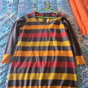 Striped Knit Sweater Dress in Brown, Mustard & Coral